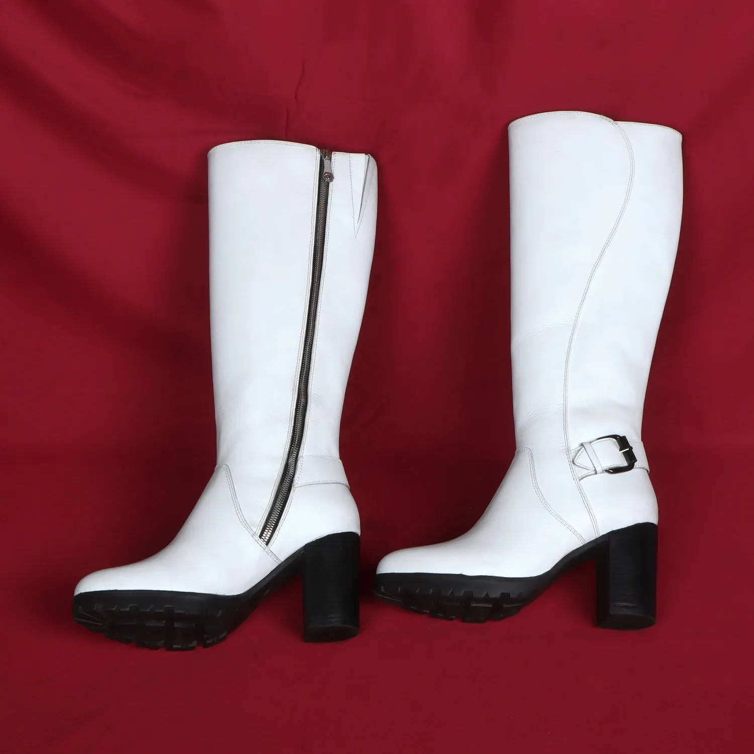 Luxourious White Leather Blocked Heel Buckled Long Zipper Boots For Ladies By Brune & Bareskin