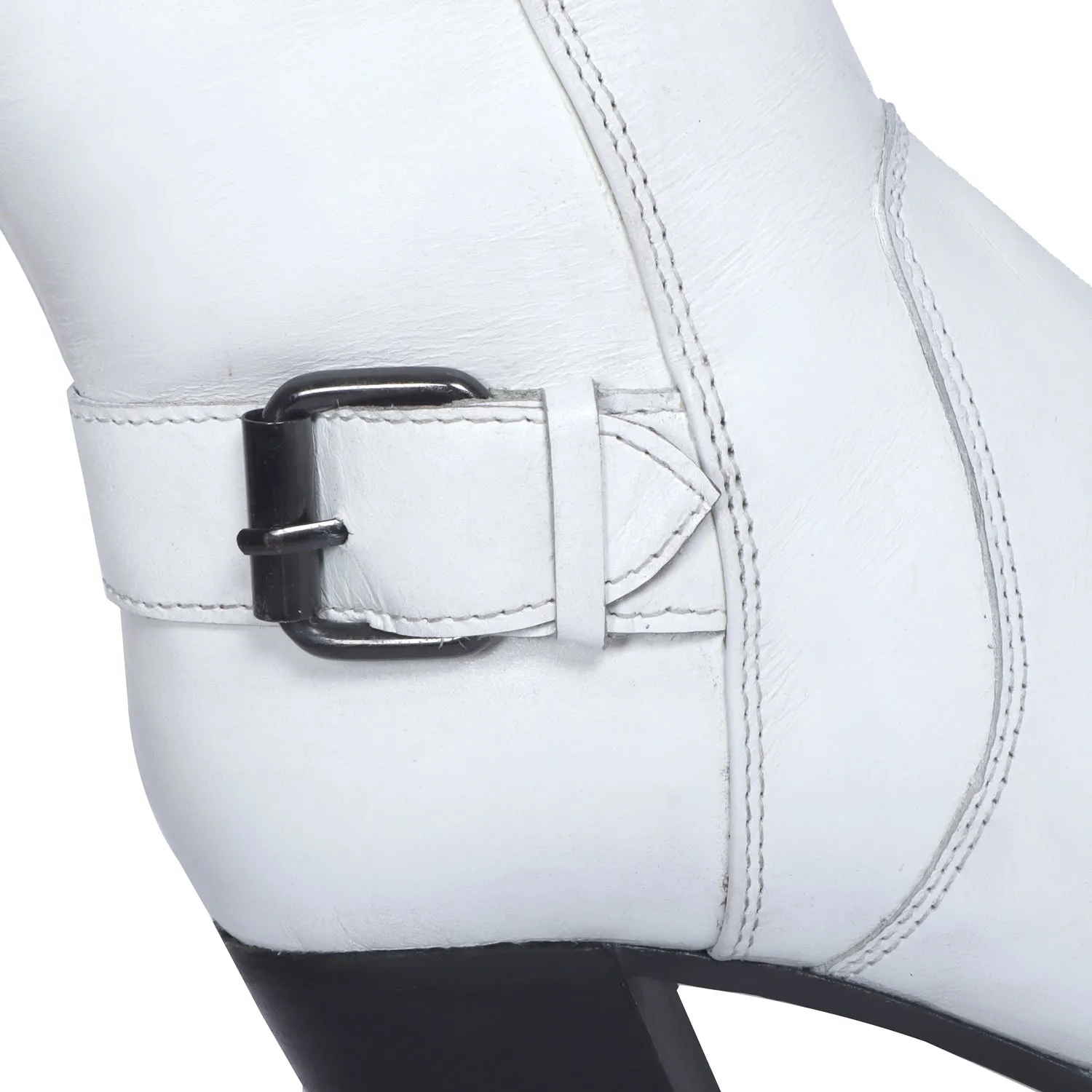 Luxourious White Leather Blocked Heel Buckled Long Zipper Boots For Ladies By Brune & Bareskin