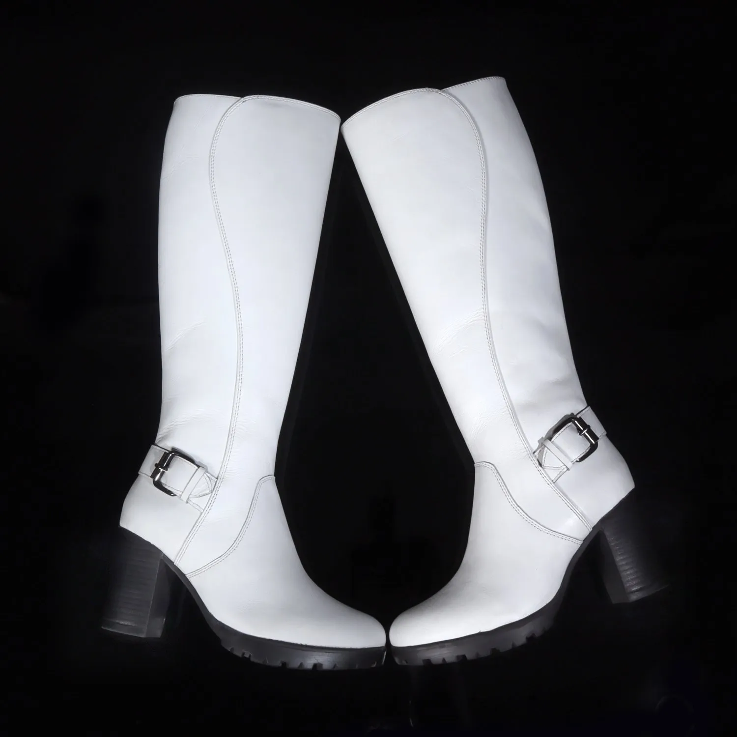 Luxourious White Leather Blocked Heel Buckled Long Zipper Boots For Ladies By Brune & Bareskin