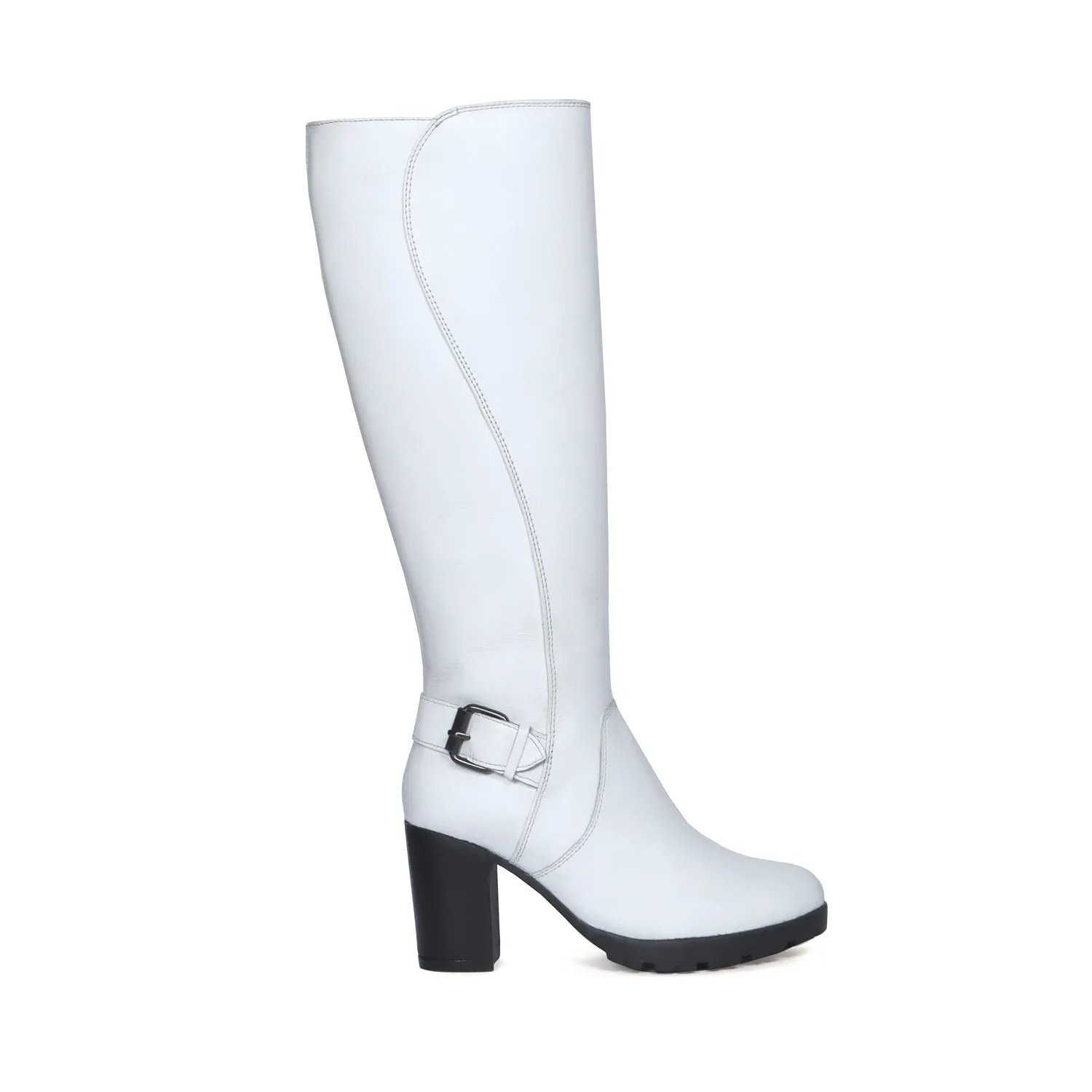 Luxourious White Leather Blocked Heel Buckled Long Zipper Boots For Ladies By Brune & Bareskin