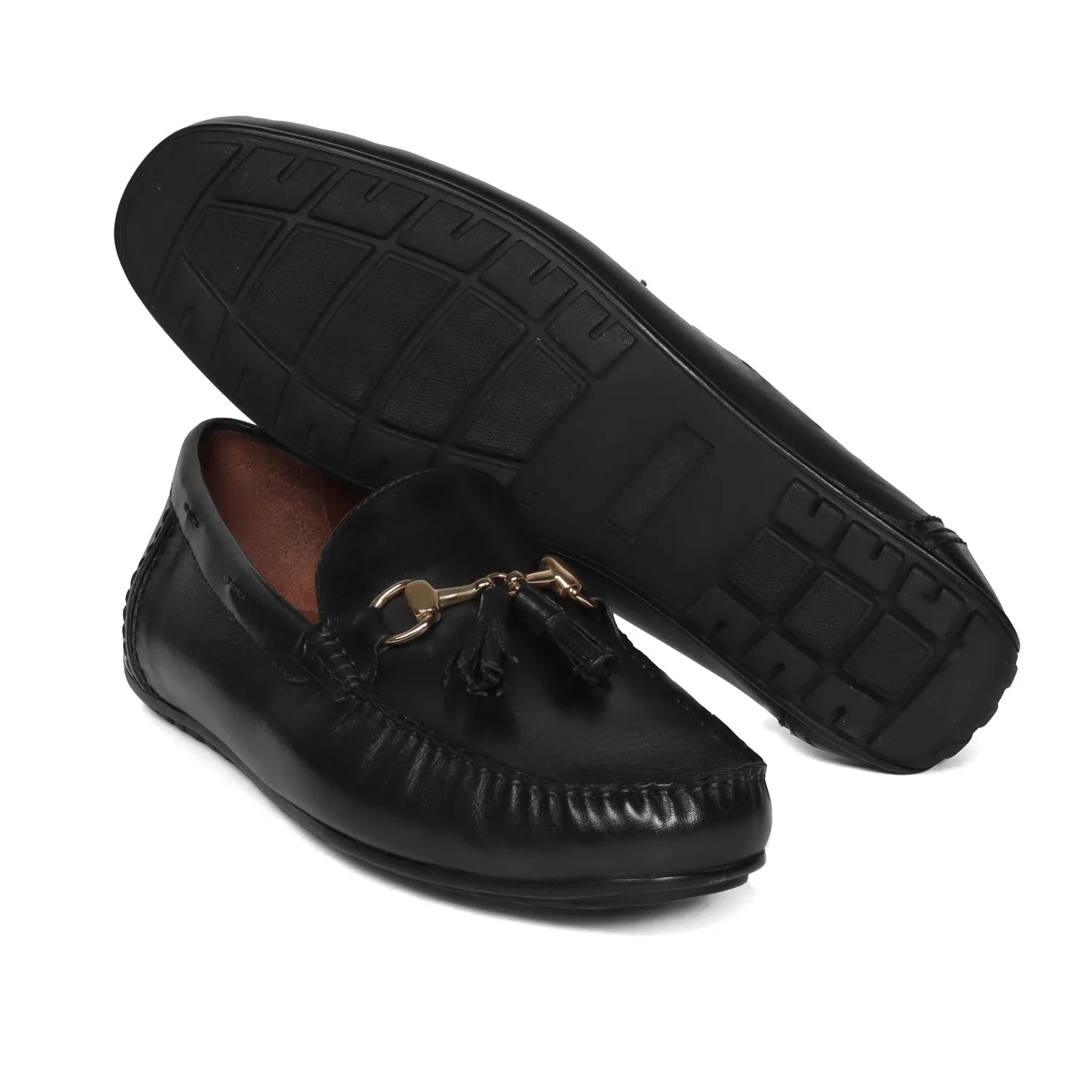 Luxurious Black Tassel Leather Loafers Shoe with Horse-bit Buckle