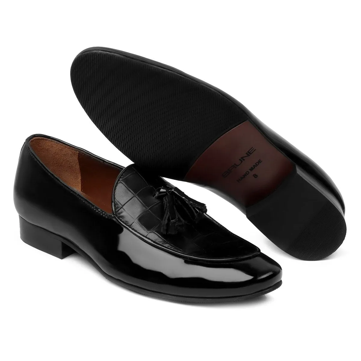 Men's Black Tassel Loafers with Deep Cut Croco Leather at Vamp by Brune & Bareskin