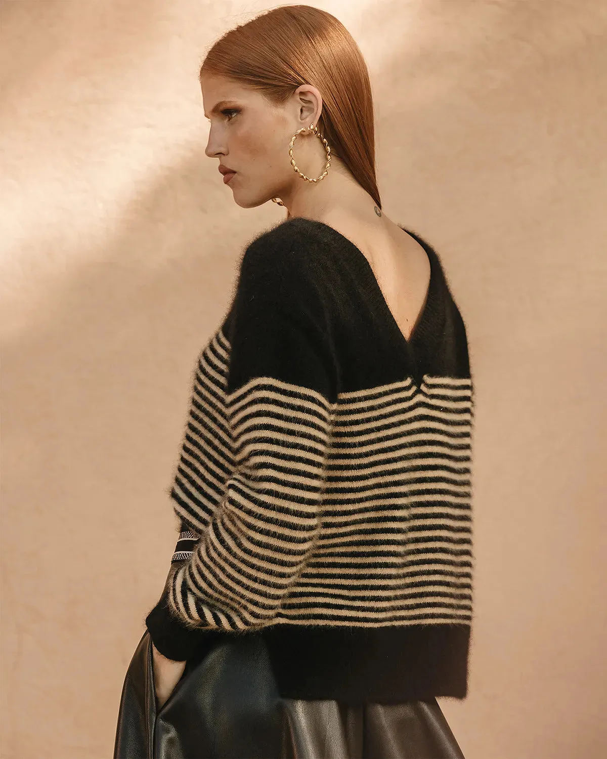 Mes Demoiselle RINA Wool Striped Sweater in Black/Camel 