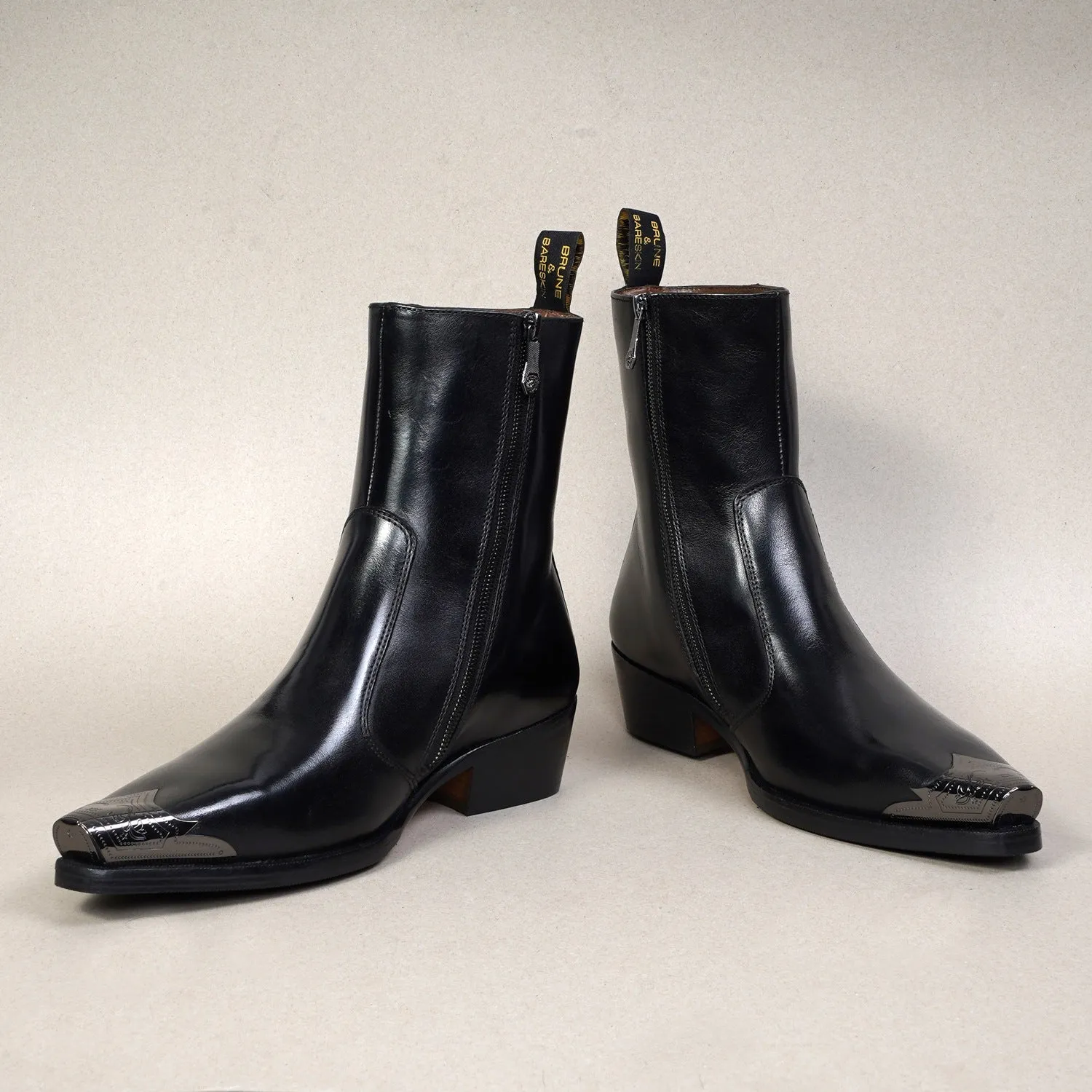 Metallic Cap Toe Cowboy Black Boots