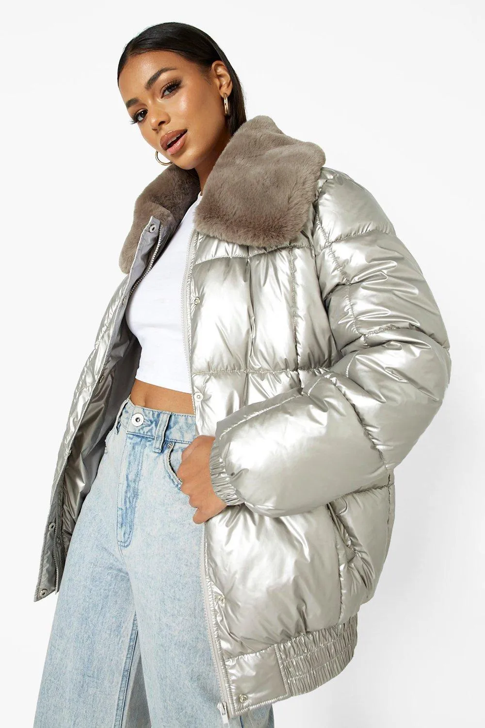 Metallic Faux Fur Trim Puffer Jacket