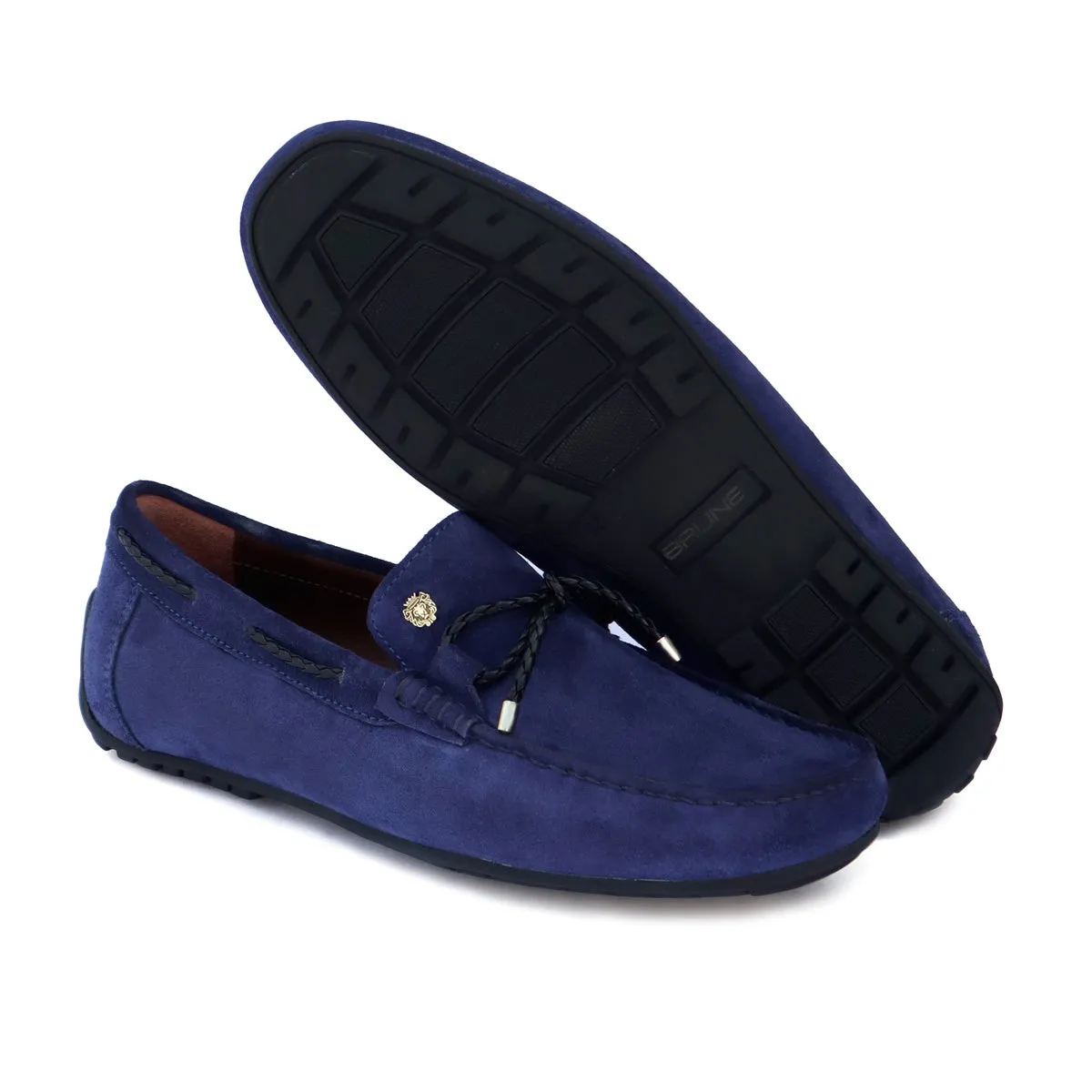 Mini Lion Weaved Tassel Bow Loafers in Blue Suede Leather