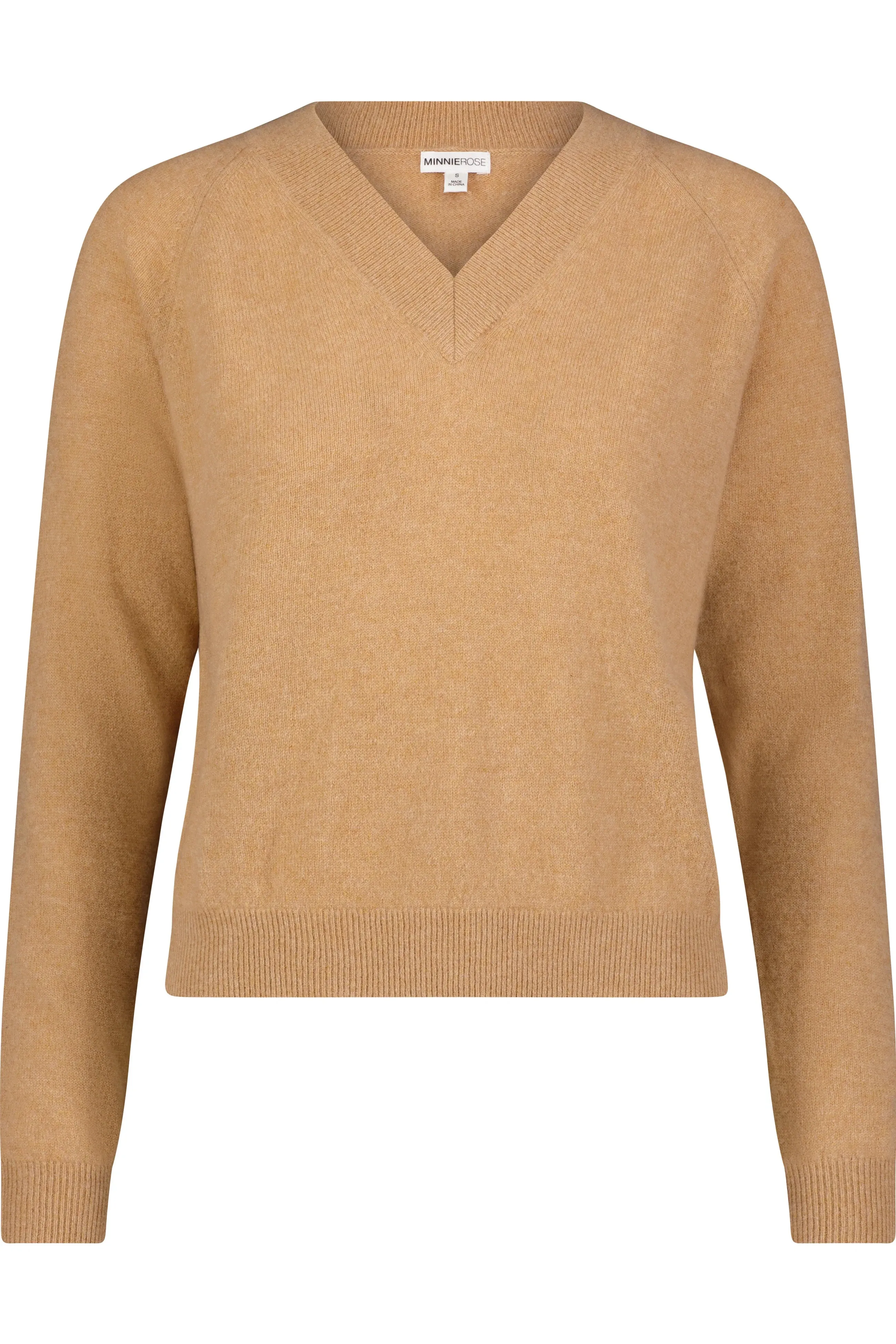 Minnie Rose Cashmere Shrunken V-Neck Sweater in Camel 