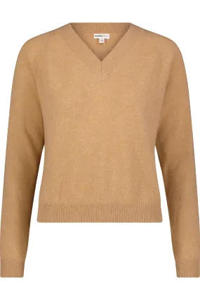 Minnie Rose Cashmere Shrunken V-Neck Sweater in Camel 