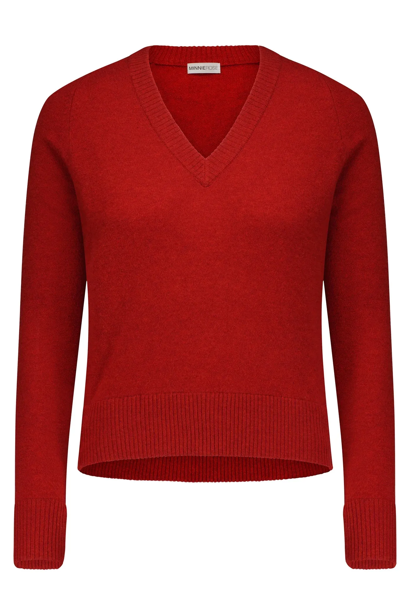 Minnie Rose Cashmere V-Neck Raglan Sweater in Heather Red 