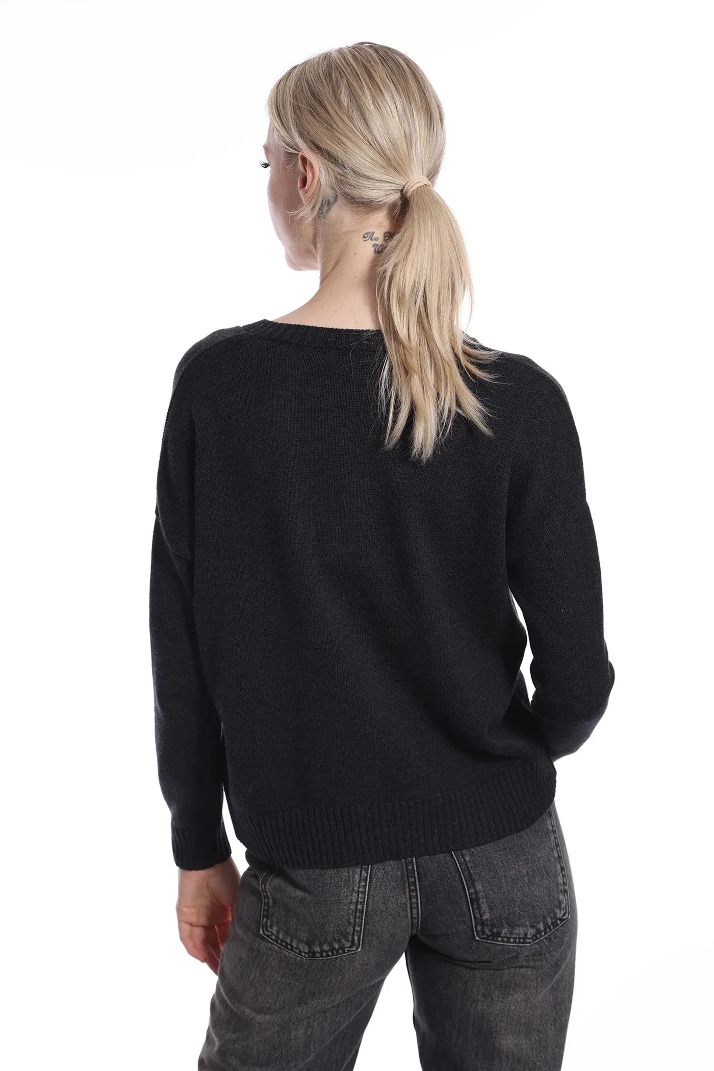 Minnie Rose Cashmere/Cotton Boxy V-Neck Sweater in Black Charcoal 