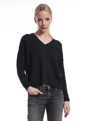 Minnie Rose Cashmere/Cotton Boxy V-Neck Sweater in Black Charcoal 