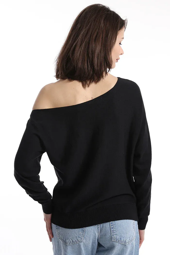 Minnie Rose Cashmere/Cotton Off The Shoulder Sweater in Black 