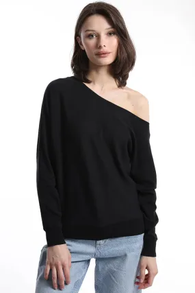 Minnie Rose Cashmere/Cotton Off The Shoulder Sweater in Black 