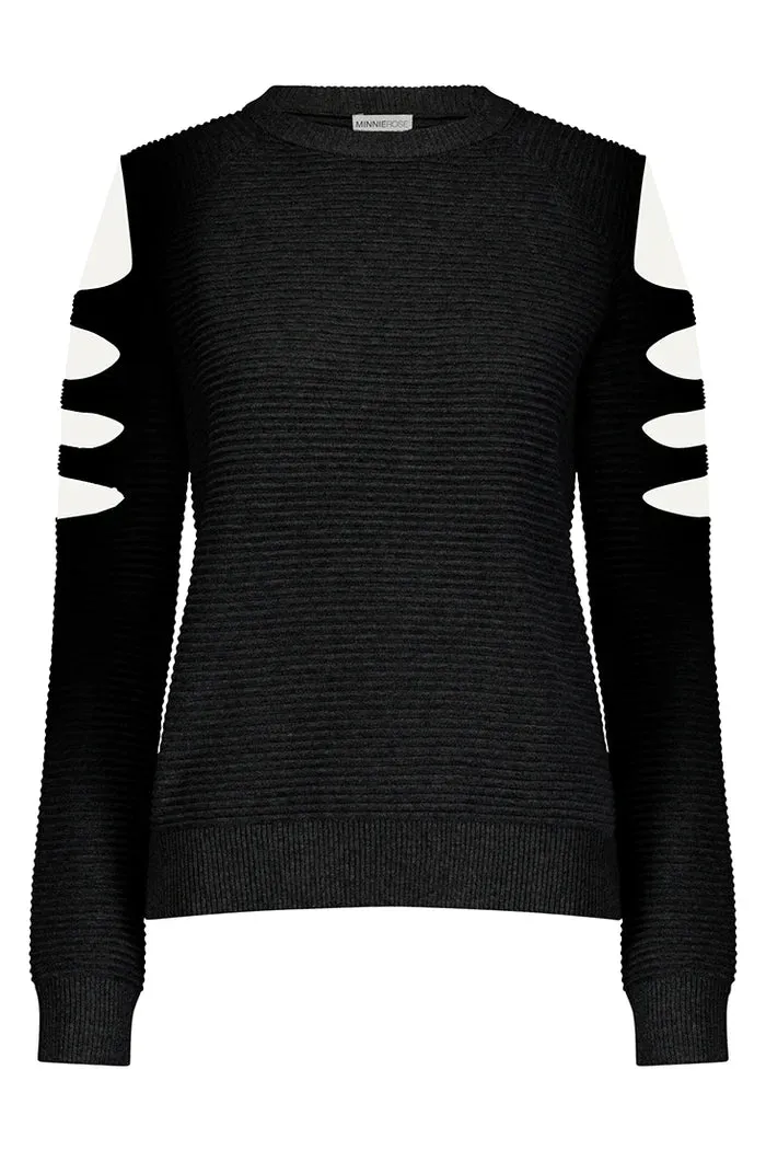 Minnie Rose Cotton/Cashmere Cut Out Sleeve Sweater in Black 