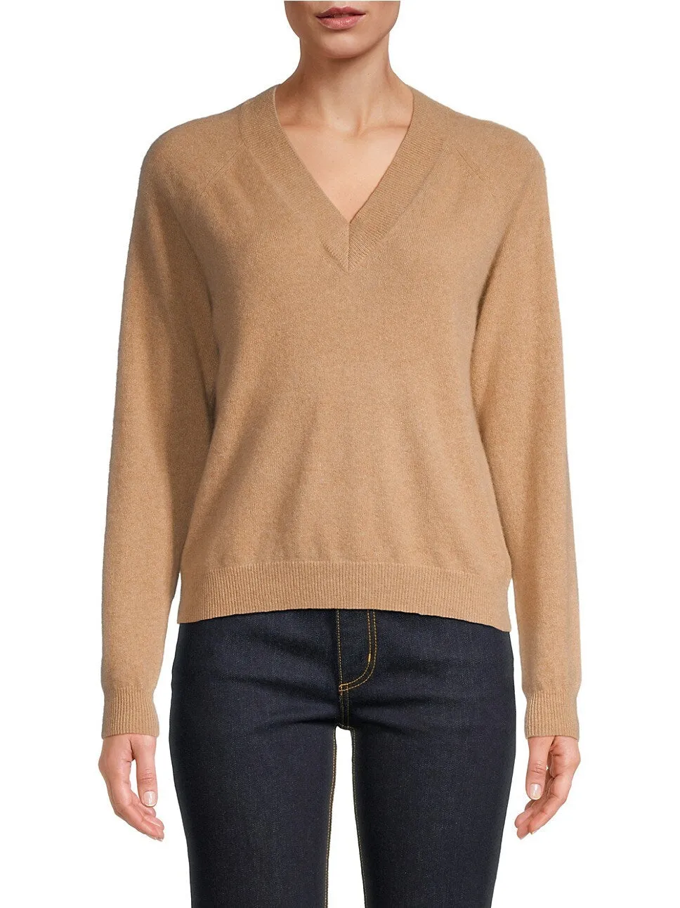 Minnie Rose Cotton/Cashmere V-Neck Sweater in Camel 