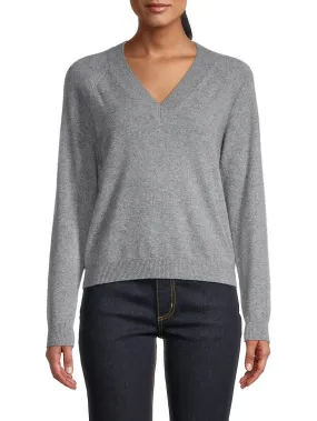 Minnie Rose Cotton/Cashmere V-Neck Sweater in Grey Shadow 