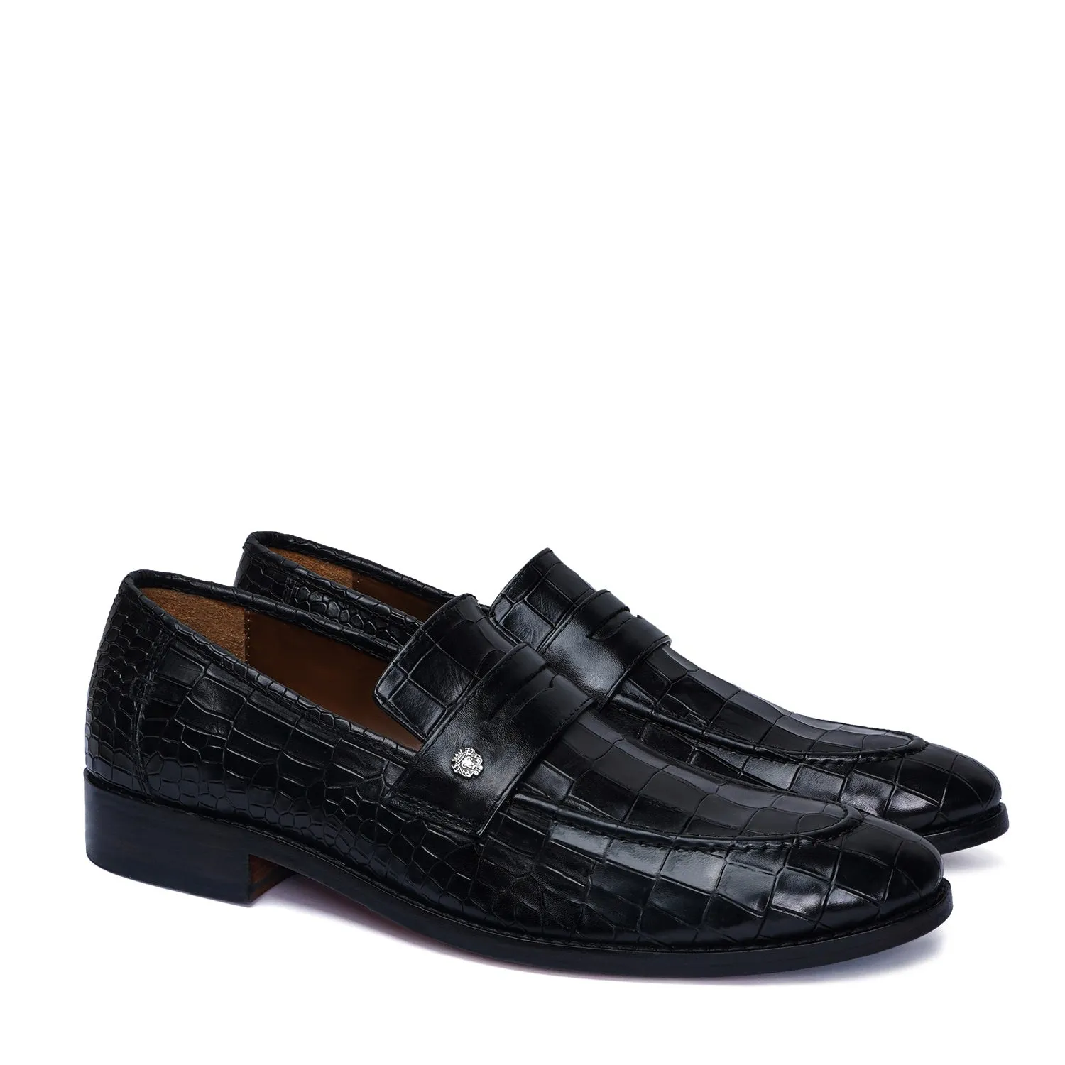 Mod Look Penny Loafers with Triangular Cut-Strap in Black High Quality Croco Textured Leather