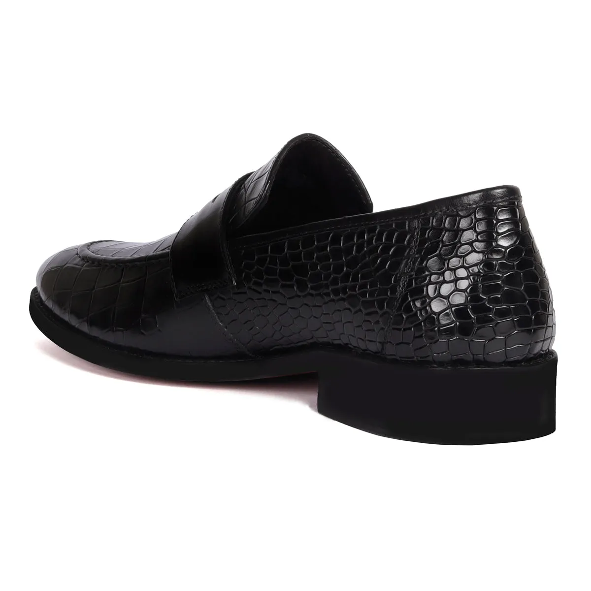 Mod Look Penny Loafers with Triangular Cut-Strap in Black High Quality Croco Textured Leather