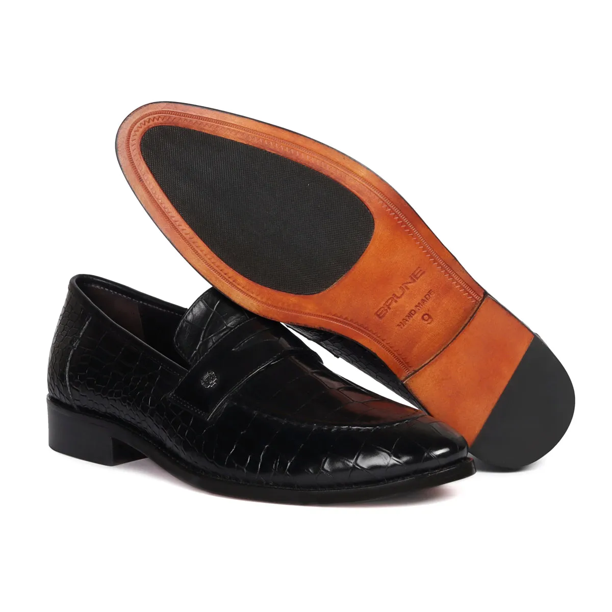 Mod Look Penny Loafers with Triangular Cut-Strap in Black High Quality Croco Textured Leather