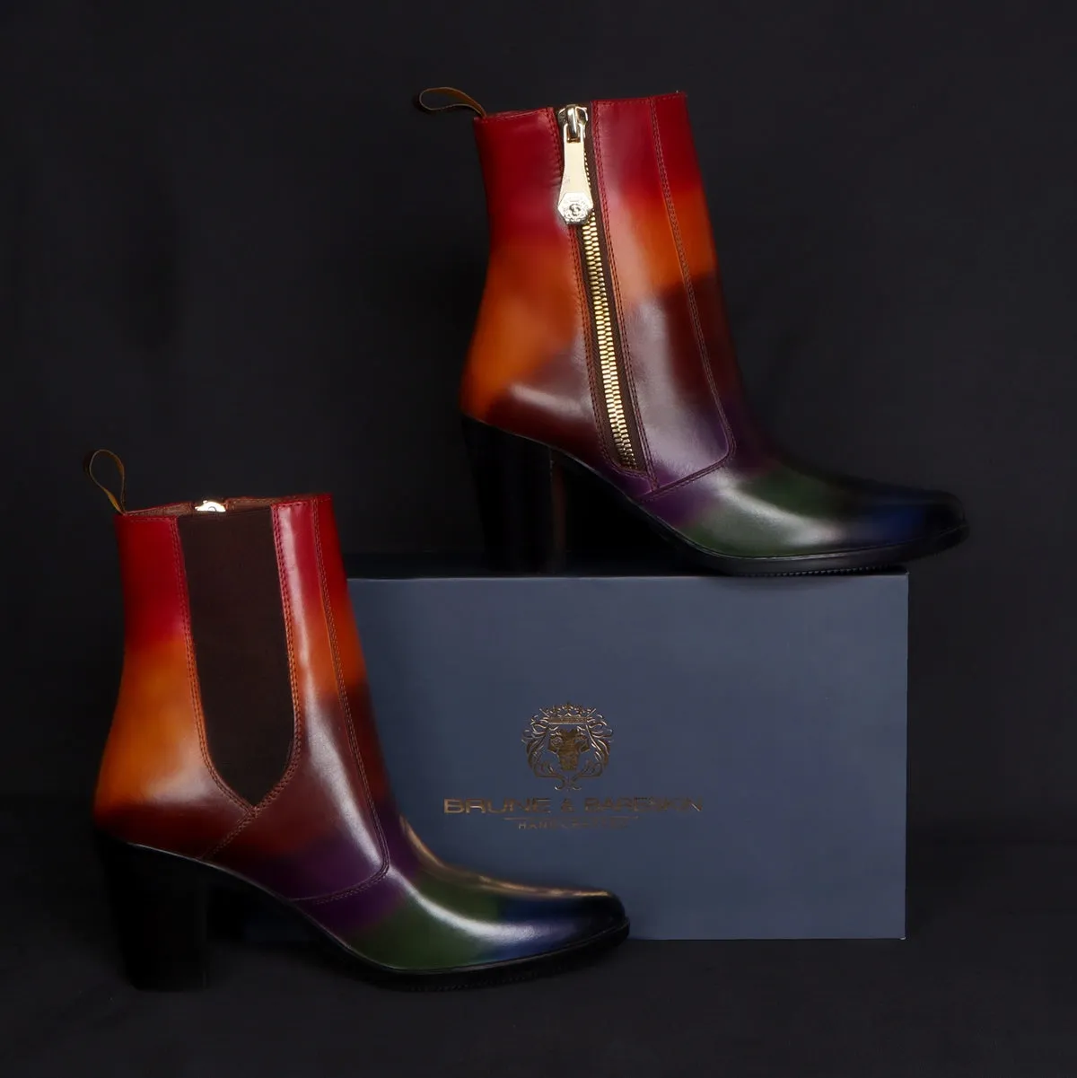 Multi Colored Leather Ladies Blocked Heel Boots Pointed Toe Zip Closure by Brune & Bareskin