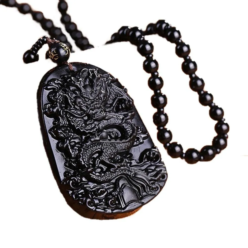 Natural Black Obsidian Carved Dragon Pendant Necklace