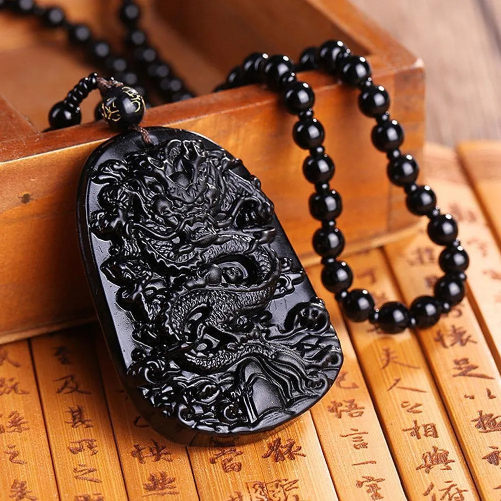 Natural Black Obsidian Carved Dragon Pendant Necklace