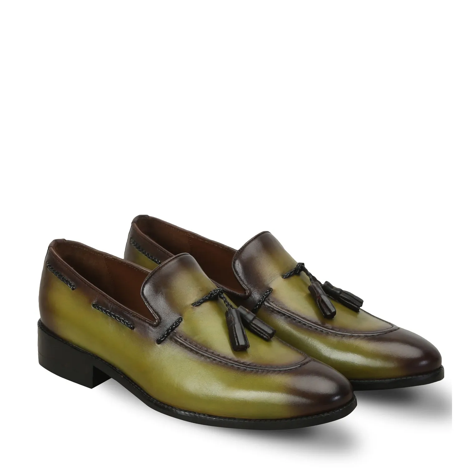 Olive Green Tassel Loafers in Genuine Leather By Brune & Bareskihn