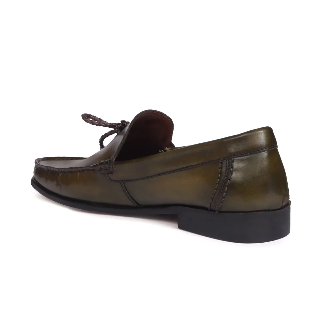 Olive Leather Tassel Bow With Leather Sole Loafers