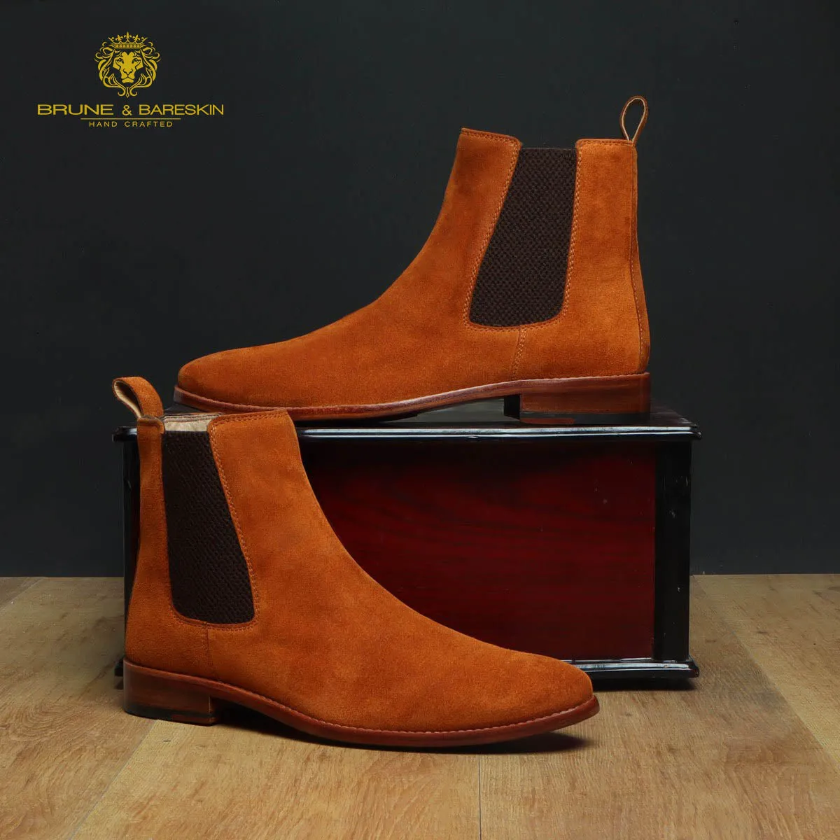 Orangish Tan Suede Leather Hand Made Chelsea Boots For Men By Brune & Bareskin