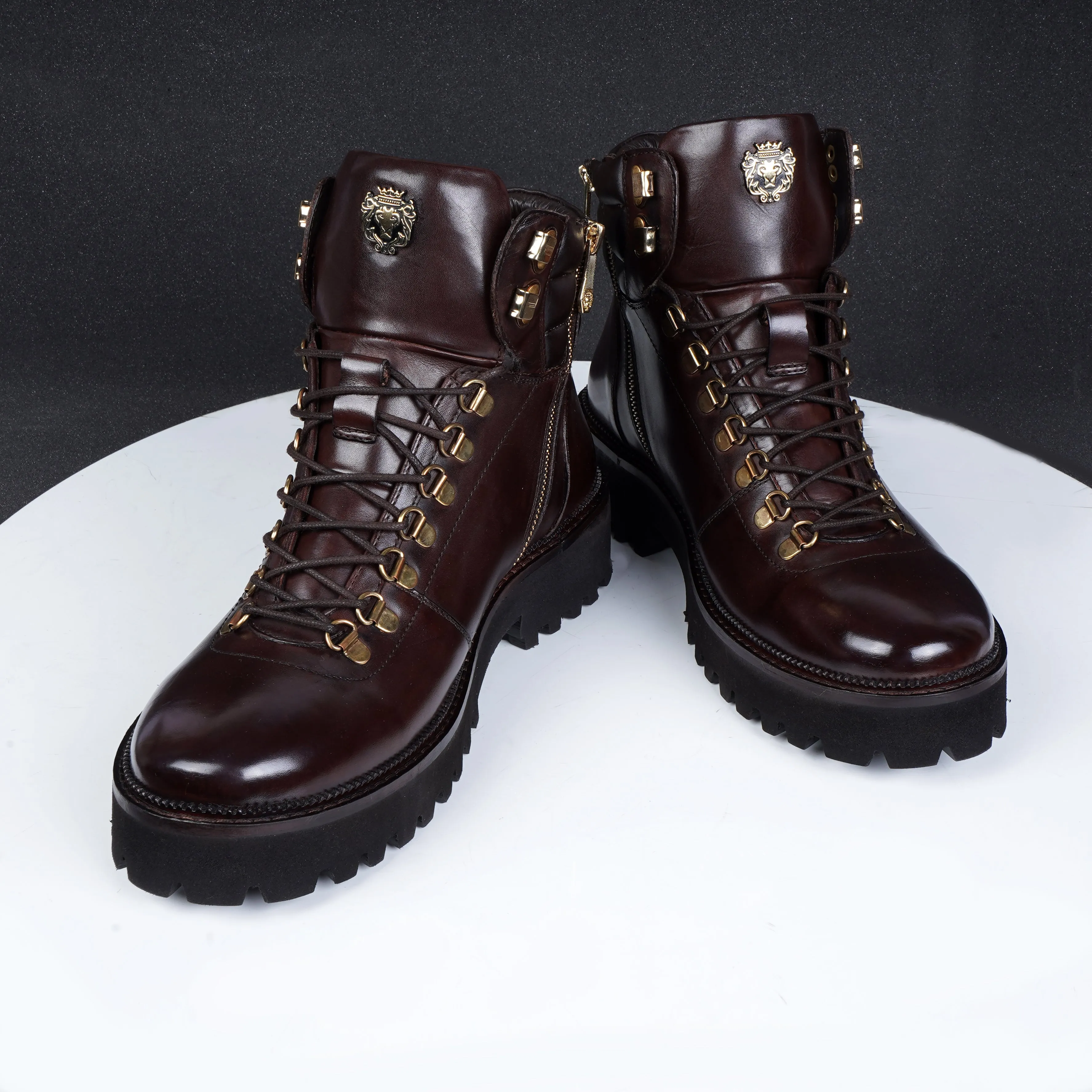 Padded Tri-Collar Light Weight Welt Dark Brown Leather Chunky Boots