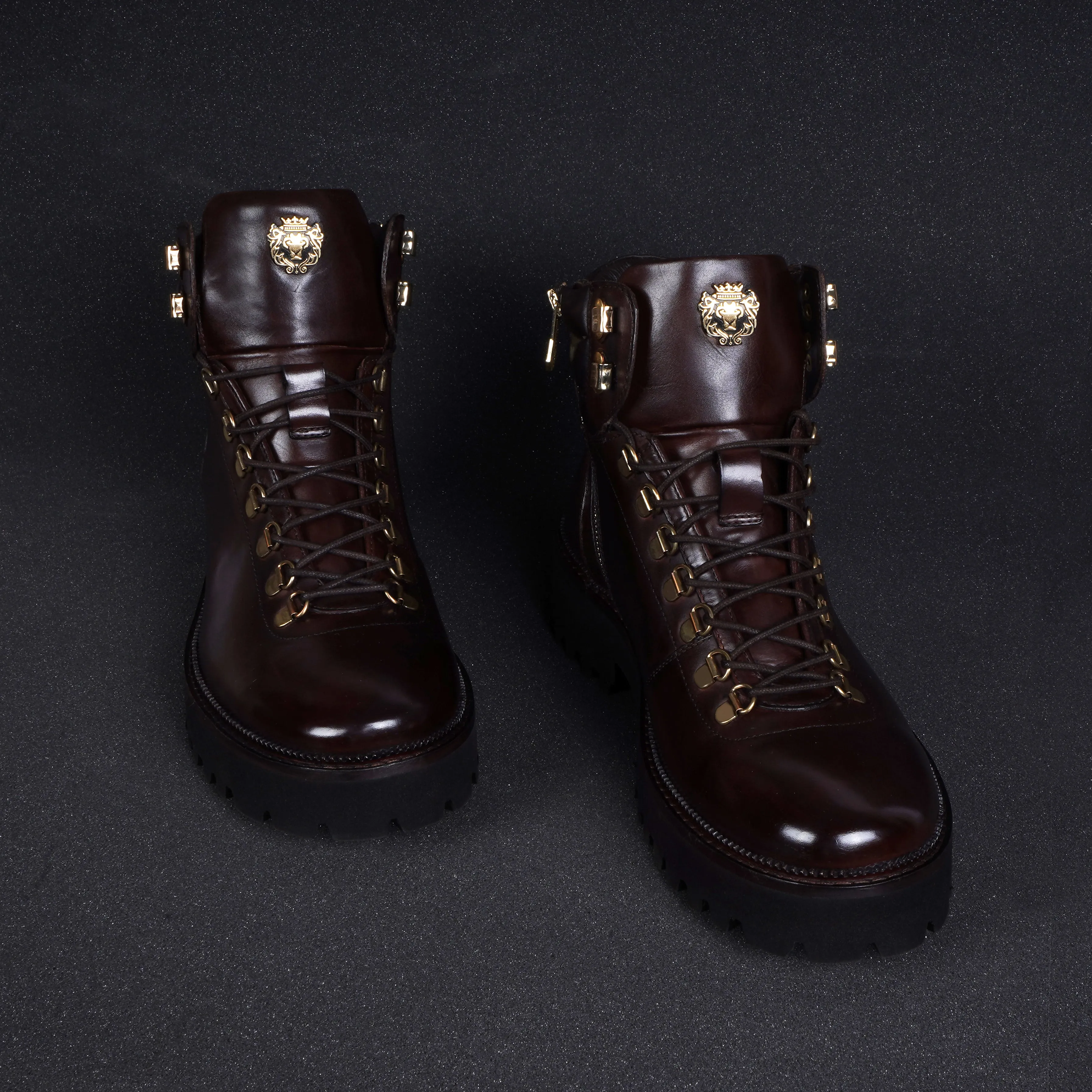 Padded Tri-Collar Light Weight Welt Dark Brown Leather Chunky Boots