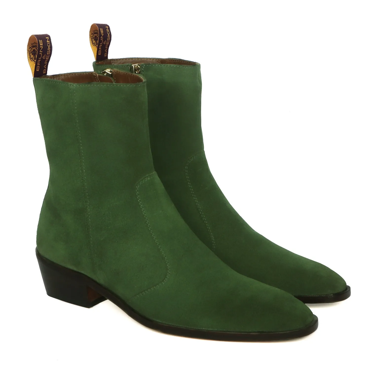 Perfect Cuban Heel Formal Boots High Ankle Green Suede Leather Zip Closure