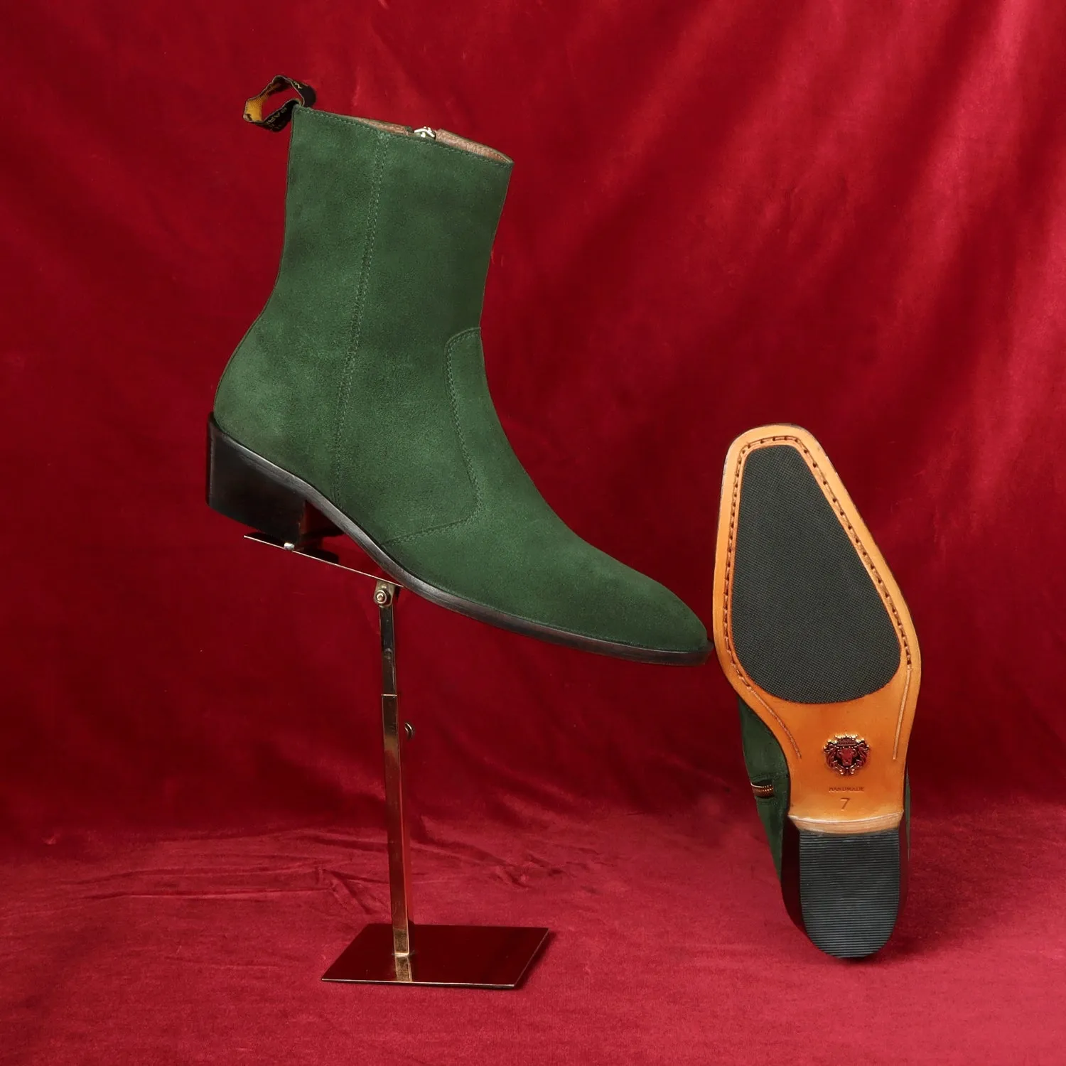 Perfect Cuban Heel Formal Boots High Ankle Green Suede Leather Zip Closure