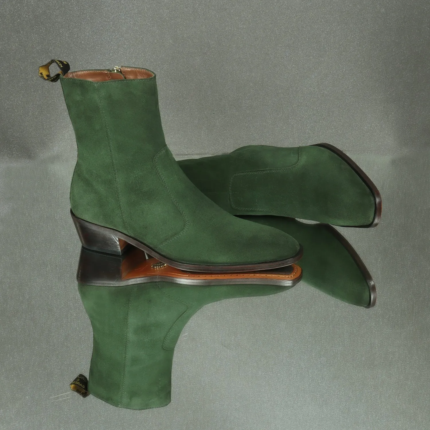 Perfect Cuban Heel Formal Boots High Ankle Green Suede Leather Zip Closure