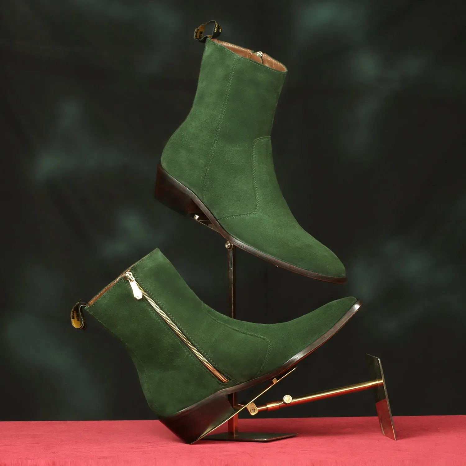 Perfect Cuban Heel Formal Boots High Ankle Green Suede Leather Zip Closure