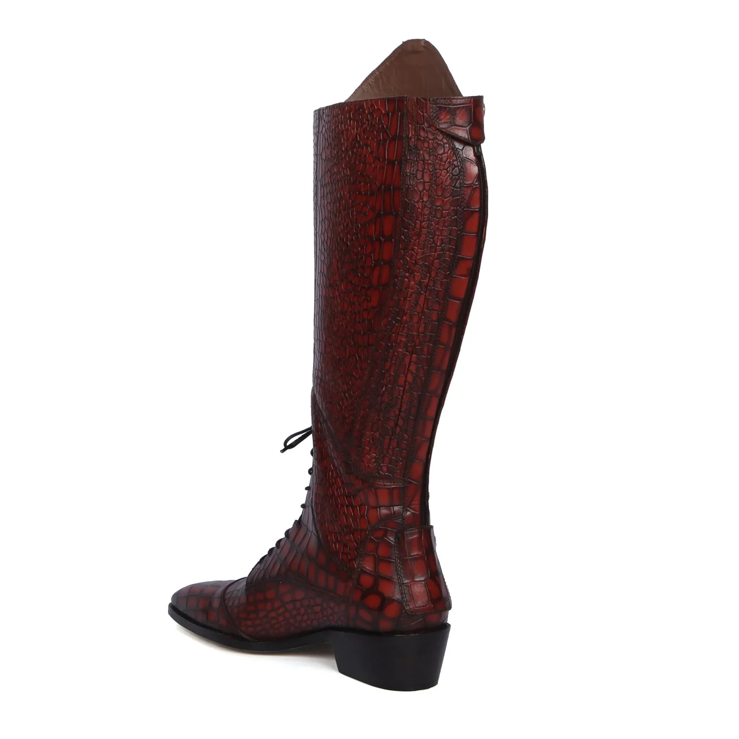 Perfect Cuban Heel Horse Riding Jockey Boots in Smokey Finish Deep Cut Cognac Stitched Leather By Brune & Bareskin