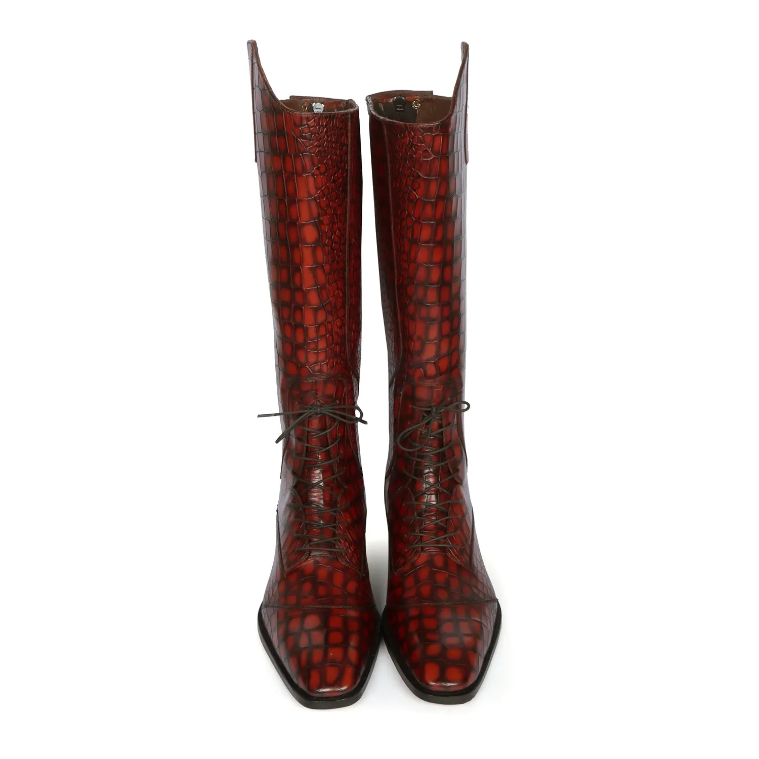 Perfect Cuban Heel Horse Riding Jockey Boots in Smokey Finish Deep Cut Cognac Stitched Leather By Brune & Bareskin