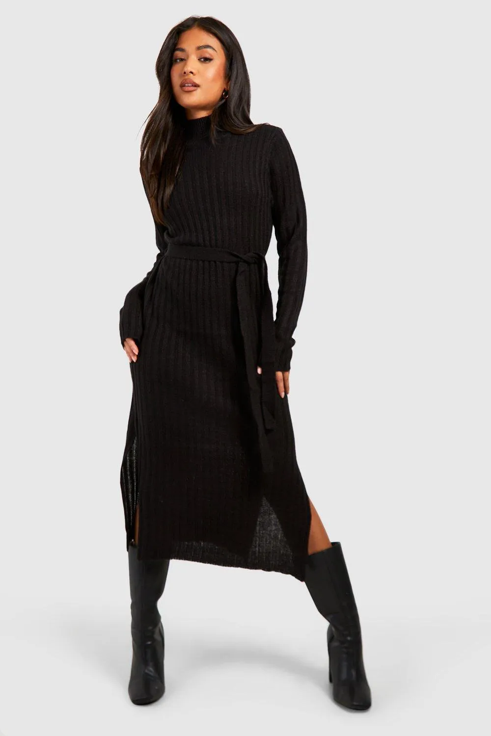 Petite Turtleneck Belted Rib Dress