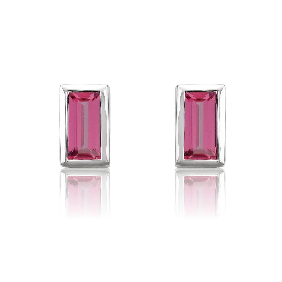 Pink Tourmaline Bezel-set Baguette Gold or Platinum Stud Earrings