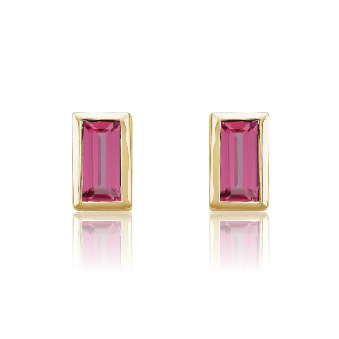 Pink Tourmaline Bezel-set Baguette Gold or Platinum Stud Earrings