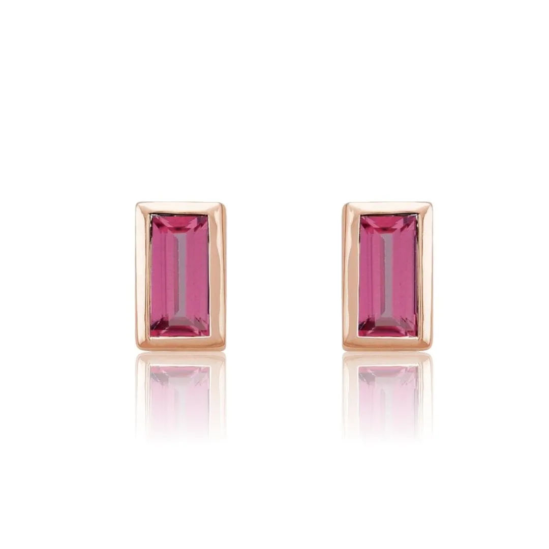 Pink Tourmaline Bezel-set Baguette Gold or Platinum Stud Earrings