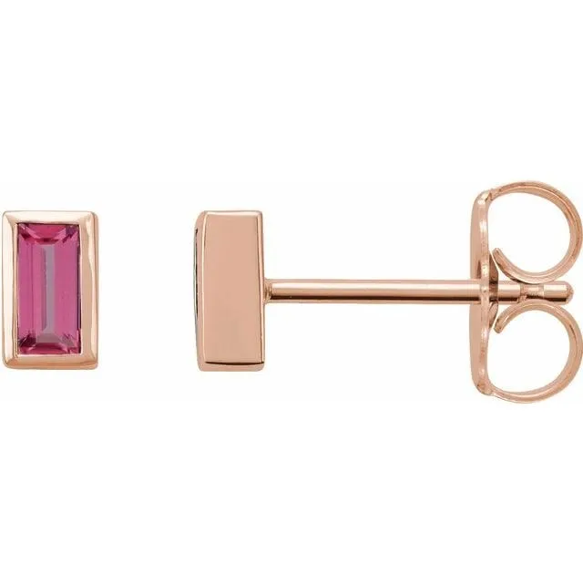 Pink Tourmaline Bezel-set Baguette Gold or Platinum Stud Earrings