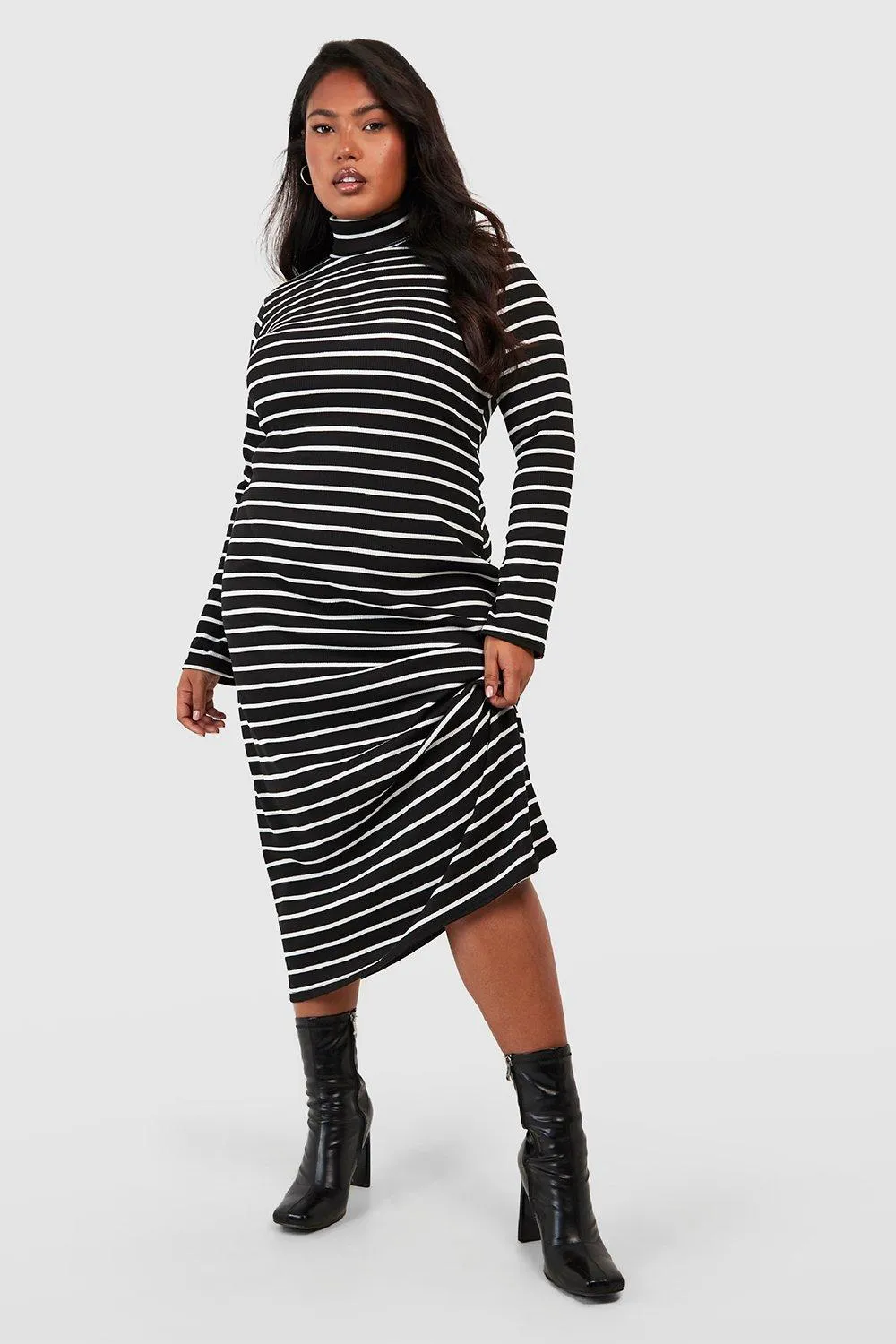 Plus Stripe Turtleneck Midi Dress