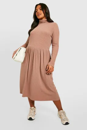 Plus Turtleneck Long Sleeve Soft Rib Midi Smock Dress