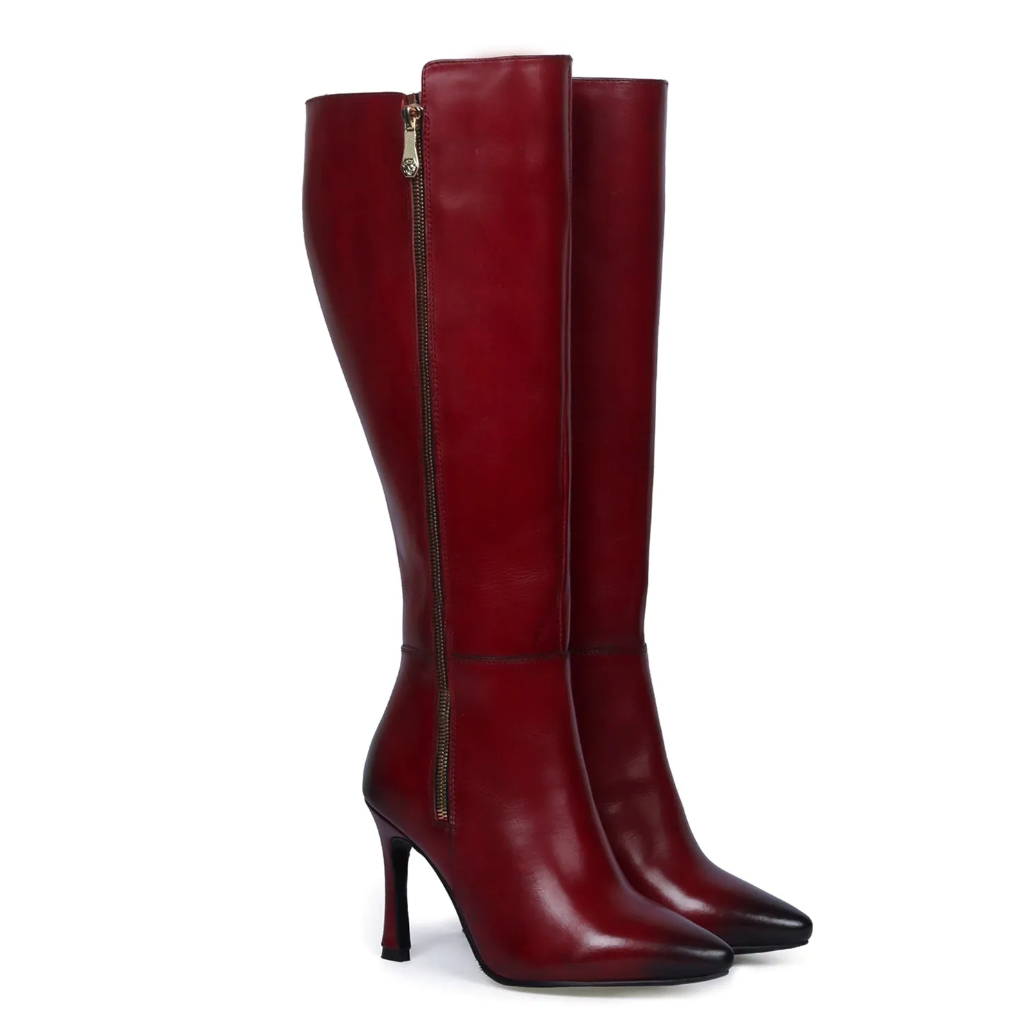 Pointed Toe Zip Closure Wine Knee Heights Leather Ladies Stiletto Pencil Heel Boots By Brune & Bareskin