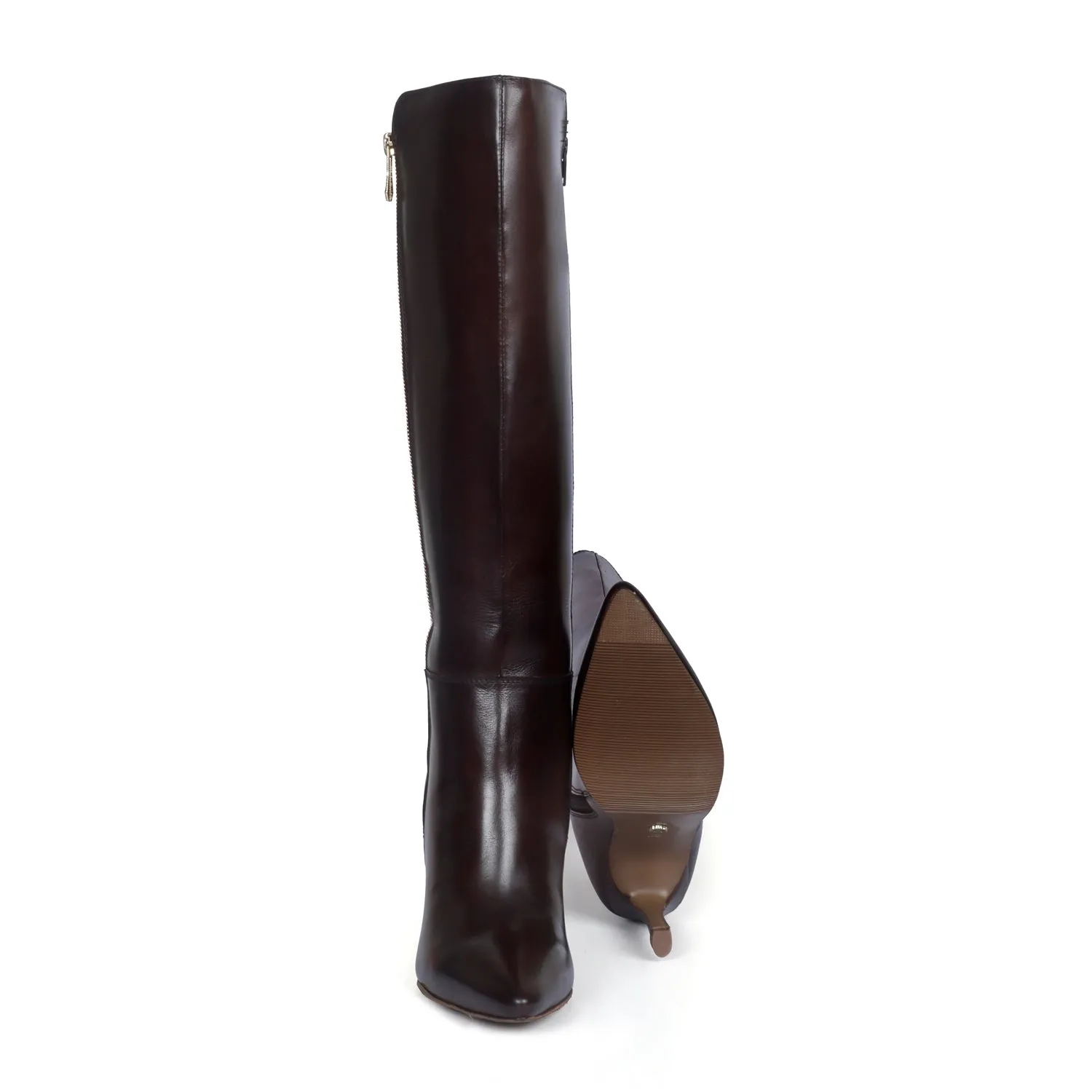 Pointed Toe Zipper Knee Heights Dark Brown Leather Ladies Stiletto Pencil Heel Boots By Brune & Bareskin