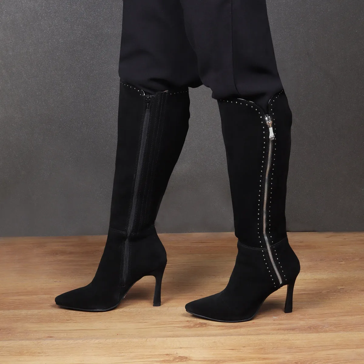 Pretty Mini Studded Curved Zip Colosure Knee Height Stiletto Pencil Heel Black Suede Leather Ladies Boots By Brune & Bareskin