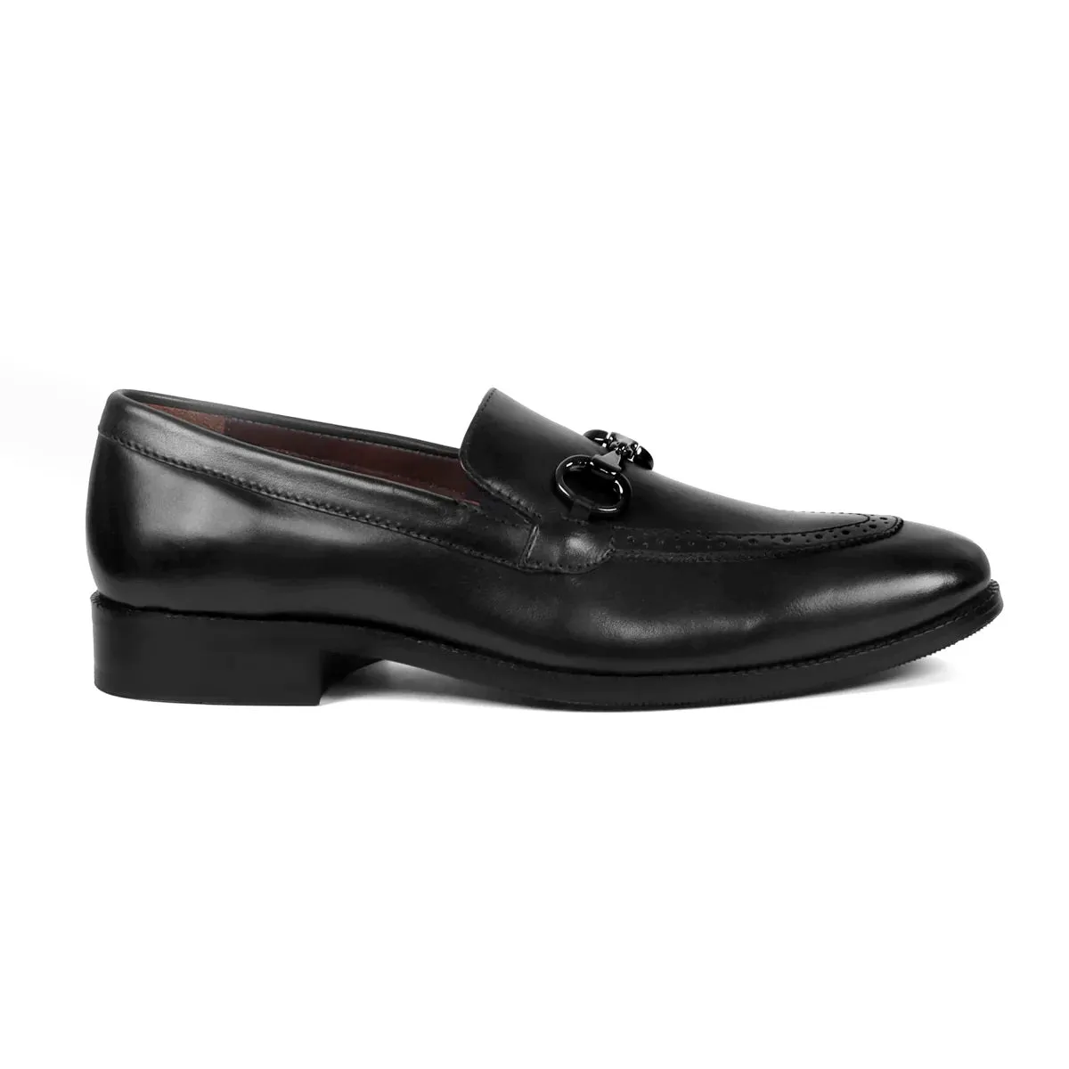 Punching Brogue Men's Loafers with Horse-bit Buckle Black Leather