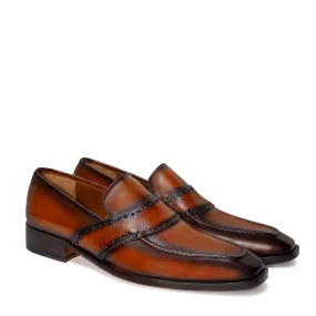 Punching Brogue Strap Loafers Burnished Cognac Leather Slip-On Shoes