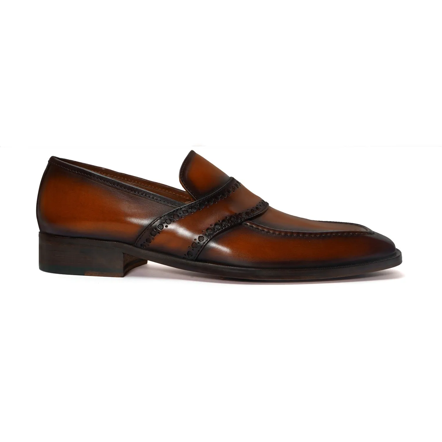 Punching Brogue Strap Loafers Burnished Cognac Leather Slip-On Shoes